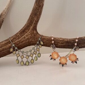 Lot 2 Statement Necklaces Olive Green Bib Chandelier Peach Floral Pearl Crystal